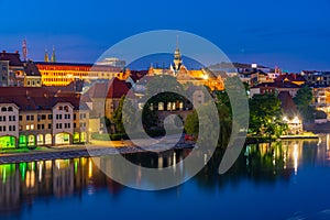 Sunset view of riverside of Drava river in Maribor, Slovenia