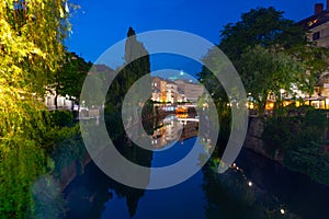 Sunset view of riverside of Ljubljanica river in Ljubljana, Slov