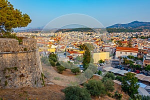 Sunset view of rooftops of Greek town Rethimno at Crete island