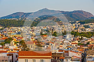 Sunset view of rooftops of Greek town Rethimno at Crete island