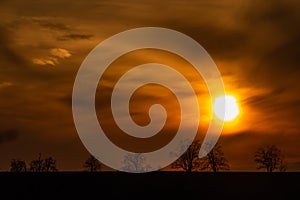 Sunset view in Roprachtice village in Krkonose mountains with color sky