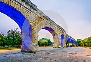 Sunset view of Saint Clement aqueduct in Montpellier, France