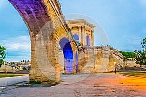 Sunset view of Saint Clement aqueduct in Montpellier, France