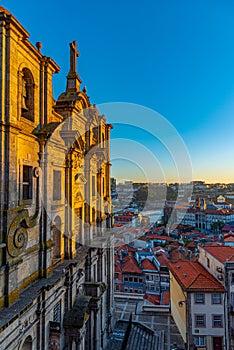 Sunset view of saint Lawrence church and Palacio da Bolsa at Porto, Portugal