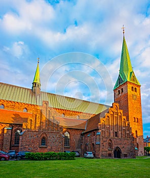 Sunset view of Saint Olaf church in Helsingor, Denmark