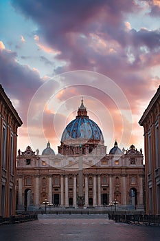 Sunset View of Saint Peters Basilica and Street Via della Conciliazione in Vatican, Rome, Italy