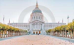 Sunset view of San Francisco City Hall, San Francisco, California, United States of America. Photo processed in pastel colors