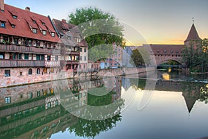 Sunset view of Schlayerturm in German town Nurnberg