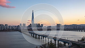 Sunset view of Seoul city skyline with Han river in Seoul city, South Korea