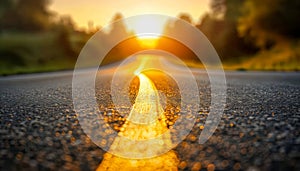 Sunset view serene mountain road with long shadows and dramatic light contrasts