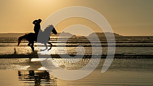 Sunset view with silhouette of a horse and his rider, Morocco