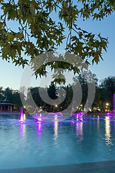 Sunset view Singing Fountains in City of Plovdiv