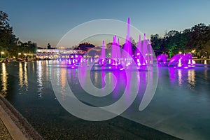 Sunset view of Singing Fountains in City of Plovdiv, Bulgaria