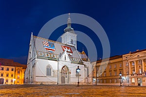 Sunset view of St. Mark's Church in the old town of Zagreb, Croatia