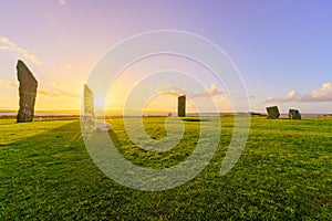Sunset view of the Standing Stones of Stenness, Orkney Islands photo