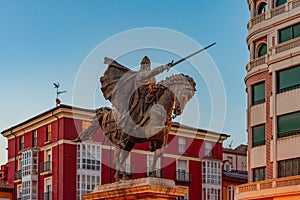 Sunset view of statue of El Cid in Spanish town Burgos