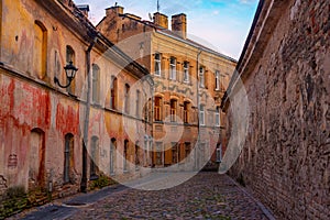 Sunset view of a street in the old town of Vilnius, Lithuania