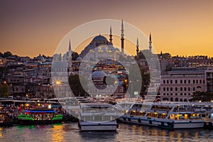 Sunset view of the Suleymaniye Mosque in Eminönü, Istanbul