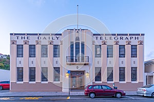 Sunset view of Daily Telegraph building in the center of Napier, New Zealand