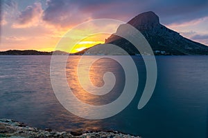 Sunset view of the Telendos island, from Myrties village in Kalymnos island, Greece.