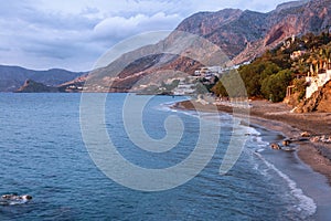 Sunset view of the Telendos island, from Myrties village in Kalymnos island, Greece.