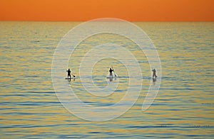 Sunset view of three paddle boarders off Heisler Park, Laguna Beach, California photo