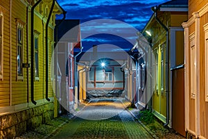 Sunset view of timber buildings at Vanha Rauma district of Rauma