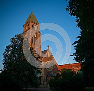 Sunset view to Vasa church aka Vasakyrkan, Goteborg, Sweden photo