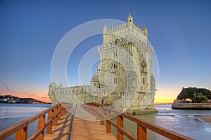 Sunset view of Torre de Belem in Lisbon, Portugal