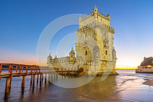 Sunset view of Torre de Belem in Lisbon, Portugal