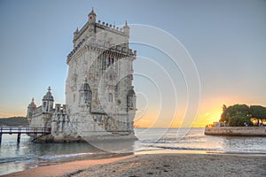 Sunset view of Torre de Belem in Lisbon, Portugal