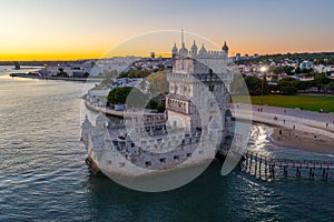 Sunset view of Torre de Belem in Lisbon, Portugal