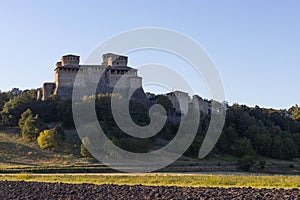 Sunset view of Torrechiara castle, Parma province, Italy