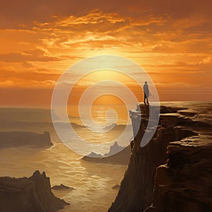 In a sunset view A Tourist is stand on a corner of a mountain top