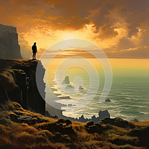 In a sunset view A Tourist is stand on a corner of a mountain top