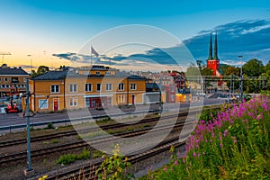 Sunset view of a train station in Vaxjo, Sweden