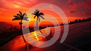 A sunset view of a tropical island with palm trees silhouetted against a red and orange sky. In the foreground a series