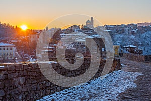 Sunset view of the Tsarevets fortress in Veliko Tarnovo during w