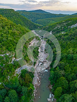 Sunset view of Tskaltsitela river valley in Georgia