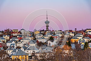 Sunset view of Tyholt tower in Trondheim, Norway