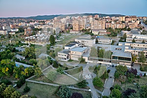 Sunset view of University of Prishtina, National library of Kosovo and unfinished serbian orthodox church of Christ the Saviour in