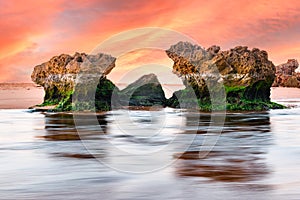 Sunset view of unusual rock formation at Point Ritchie in Warrnambool