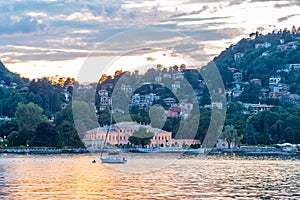 Sunset view of Villa Olmo situated on shore of Lago di Como in Italy photo