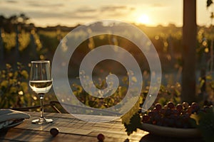 Sunset view at a vineyard with a glass of white wine