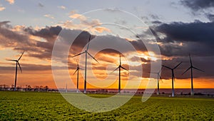 Sunset with view on wind turbines