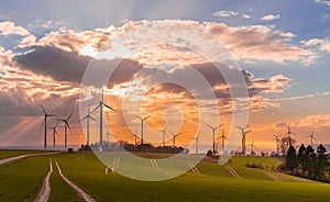 Sunset with view on wind turbines