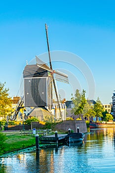 sunset view of windmill de Put in Leiden, Netherlands