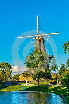 sunset view of windmill de Valk in Leiden, Netherlands