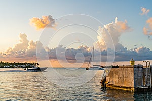 Sunset, view of Sunset y Island from Mallory Square, Key West, Florida, US
