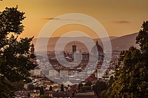 Sunset in viewpoint over Florence with Duomo of cathedral Santa Maria del Fiore, ITALY